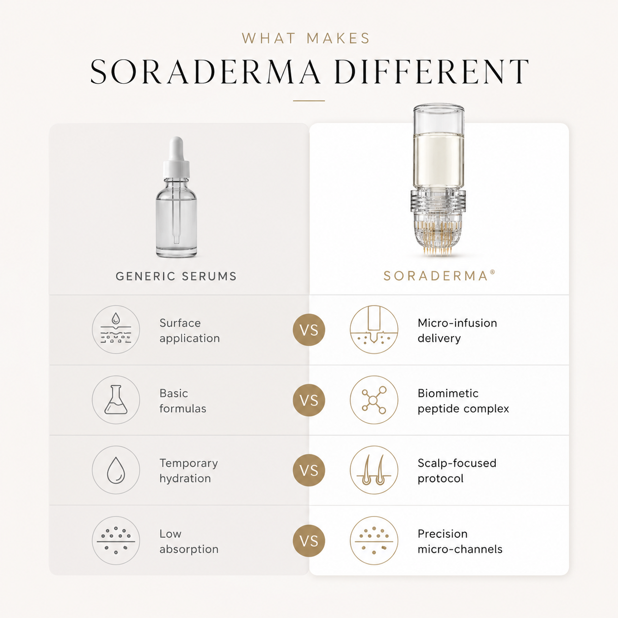 Generic serums versus Soraderma — surface application versus micro-infusion delivery