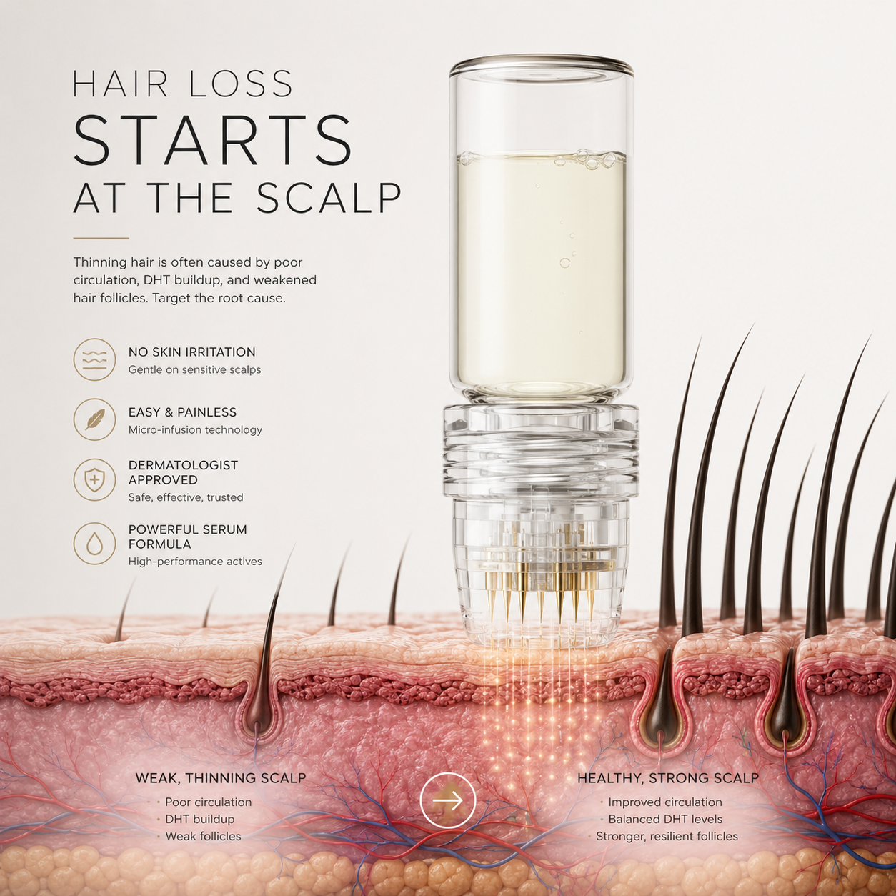 Cross-section showing weak versus healthy hair follicles