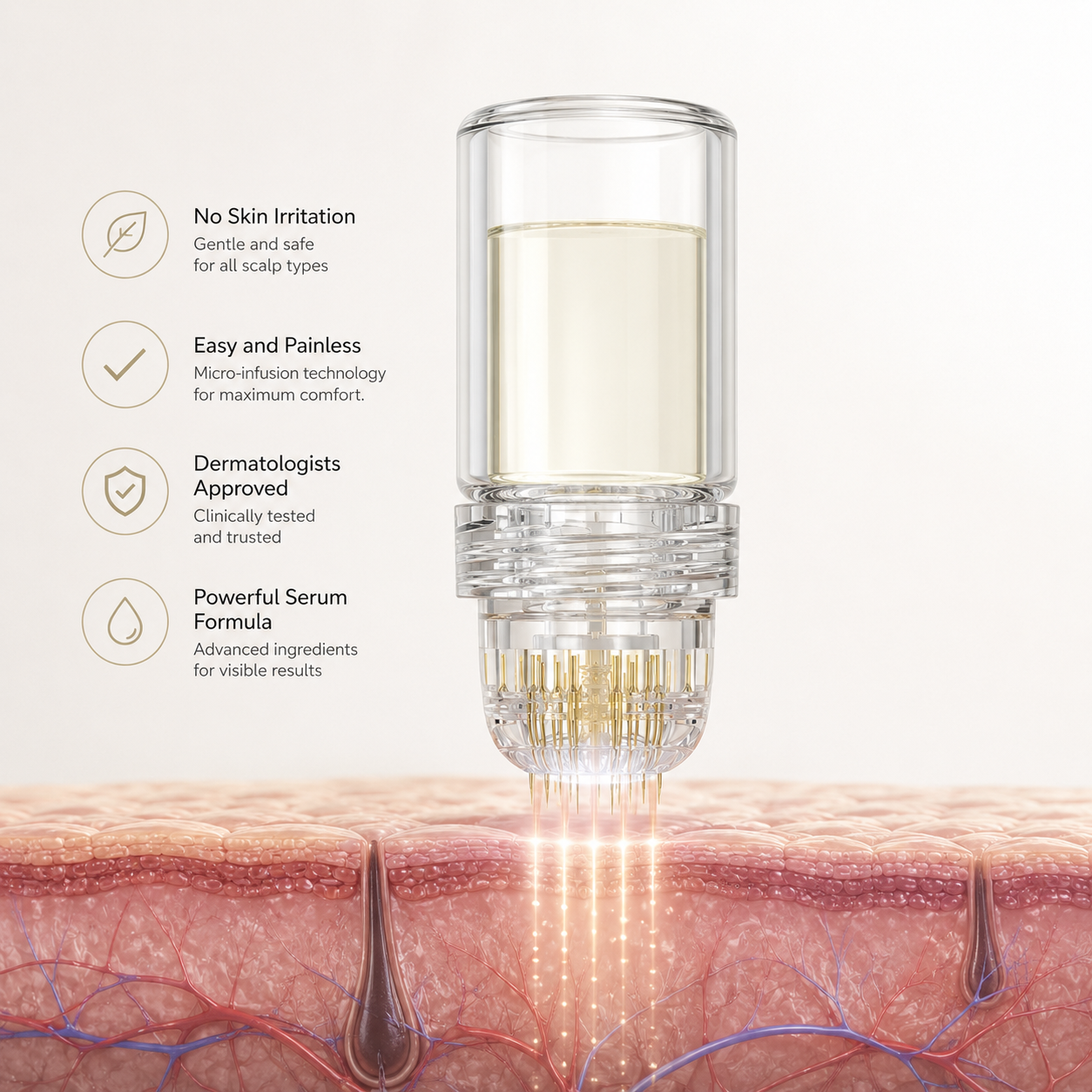 Soraderma applicator delivering serum through micro-channels into the scalp